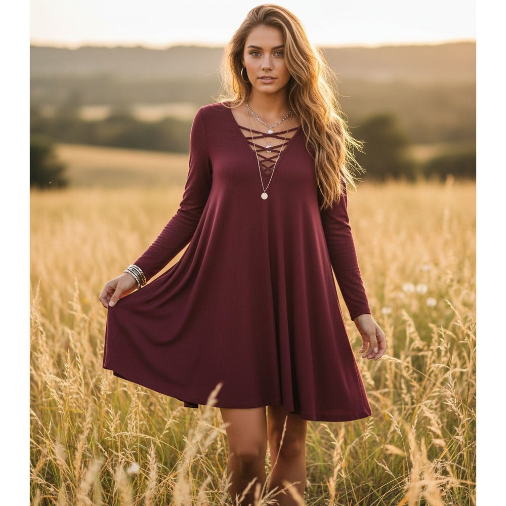 American Eagle S Women's Dress‎ Burgundy Strappy Swing Whimsigoth Boho Festival